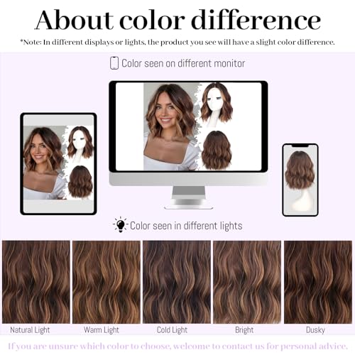 Image of Eawwii Wigs for Women Brown Highlight,Short Wavy Synthetic Lace Wig 12 Inch | Glueless 4x1 Lace Hairline, Heat-Resistant Fiber,Bob Wave Style,Natural Appearance for Everyday Cosplay