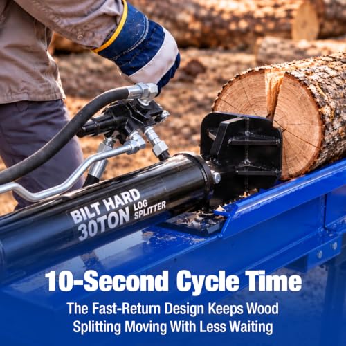 Image of BILT HARD 30-Ton Horizontal Gas Log Splitter with Log Tray, 7 HP 209cc Engine, Towable Full Beam Wood Splitter, 2 Stage Gear Pump, 2 inch Ball Coupler, 16 inch DOT Tires for Firewood Splitting