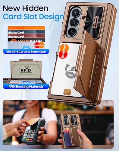 Image of for Samsung Galaxy Z Fold 7 Case with Card Holder RFID Blocking, Built in Slide Lens Cover & Hinge Protection & Kickstand & Screen Protector, Shockproof Wallet Case for Z Fold 7 (Desert Gold)