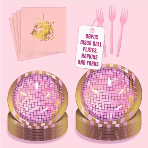 Wilber Disco Plates & Napkins - 96 pcs - Includes 48 Plates (9 & 7 inches), 24 Napkins, 24 Pink Forks - Perfect for Disco Party Decorations, 70s Tableware