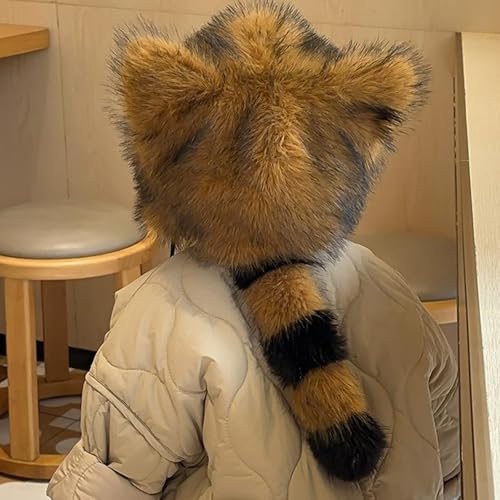 Fluffy Raccoon Hat Thermal Plush Furry Raccoon Tail Hat Faux Fur Windproof Beanie Animal Themed Costume Hat 5