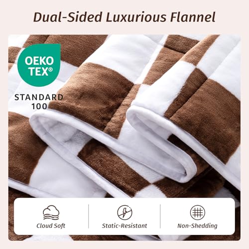 Wemore Flannel Fleece Weighted Blanket for Adult Twin Size 15 lbs, Dual Sided Luxurious Checkerboard Grid Heavy Blankets, Ultra Soft Throw Blanket, Plaid Khaki, 48 x 72 inches