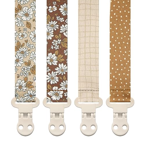 Image of Baby Pacifier Clip Holder - Girl 4 Pack Gift Set – Boho Modern Neutral Flowers Floral Checker Polka Dots (Petal)