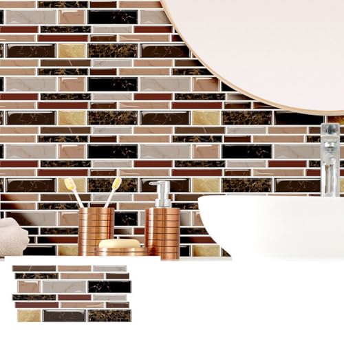 MUMUXIAO 10 paneles de pared de mármol 3D para despegar y pegar, 25 x 12 cm, para cocina, baño, azulejos de pared autoadhesivos impermeables (marrón)