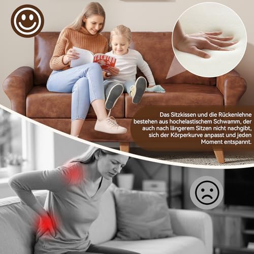 Skokliz Sofa 2 Sitzer (167cm L), Modernes Bürosofa mit Dicken Polstermöbel, 2 Kissen, Bequemes Ledersofa für Wohnzimmer/Schlafzimmer/Büro, Leicht zusammenzubauendes Couch Klein 2 Sitzer