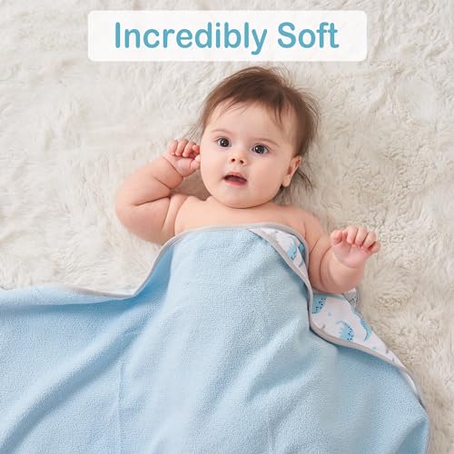 Image of Viviland Baby Towels and Baby Wash Cloths Set Hooded Baby Towels Baby Wipes Absorbent Bath Face Towels Burp Cloths or Face Towels for Girl Boy 6-Pack Size 28 x 28 Inch(Dinosaur)