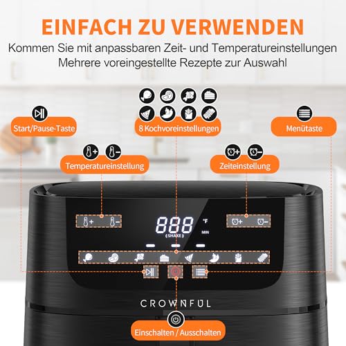 Foto von CROWNFUL Luftfritteuse 6,2L, XXL Heißluftfriteuse Elektrische 8 in 1 Öllose Herd, Heissluft Fritteusen mit LCD Touchscreen und 8 Voreinstellungen, präzise Temperaturregelung, Nonstick Korb