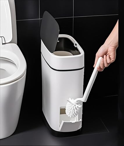 COMODID Cubo de basura de baño con tapa negra de 37 galones con soporte para cepillo de inodoro Cubo de basura de plástico blanco de 14 litros con