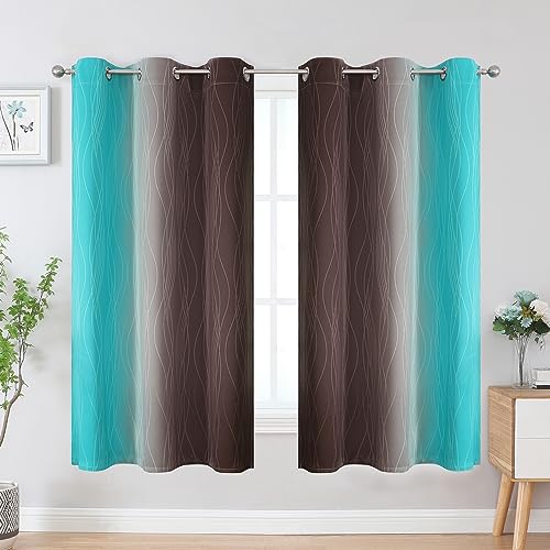 Estelar Textiler Brown and Teal Blackout Curtains & Drapes for Bedroom, Thermal Insulated Ombre Blackout Drapes, Room Darkening Energy Saving Curtains for Living Room, 42Wx63L, 2 Panels