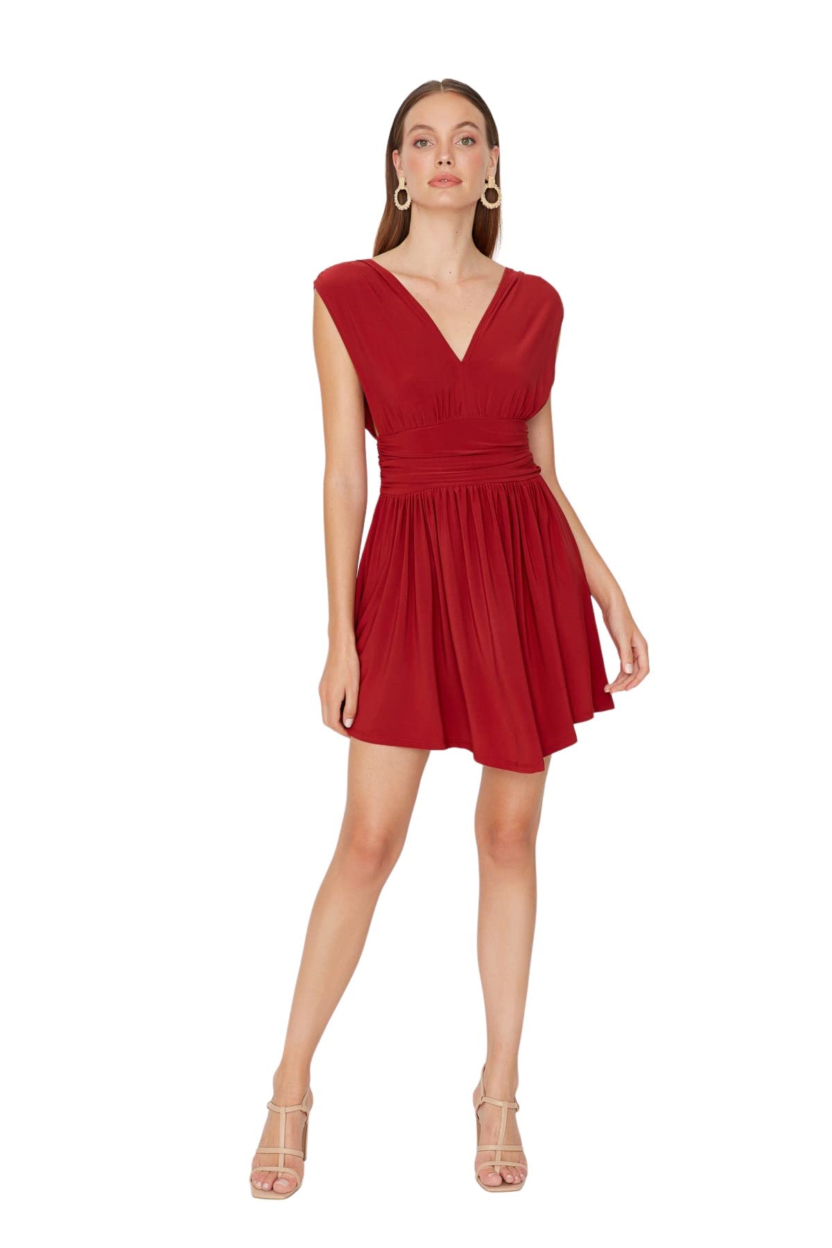 TRENDYOL Damen Mini Skater Regular Dress Kleid, Ziegelrot, 42 EU