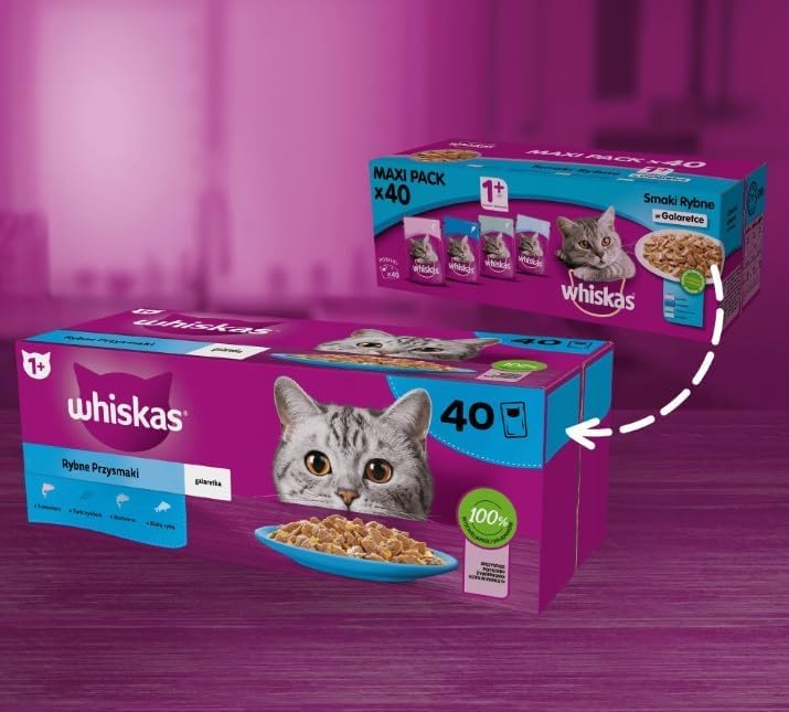 Whiskas Adult 1+ wysokiej jakości mokra karma dla dorosłych kotów, wybór ryb, galaretka, 4 sztuki w opakowaniu 160 porcjowanych woreczków (160 x 85 g)