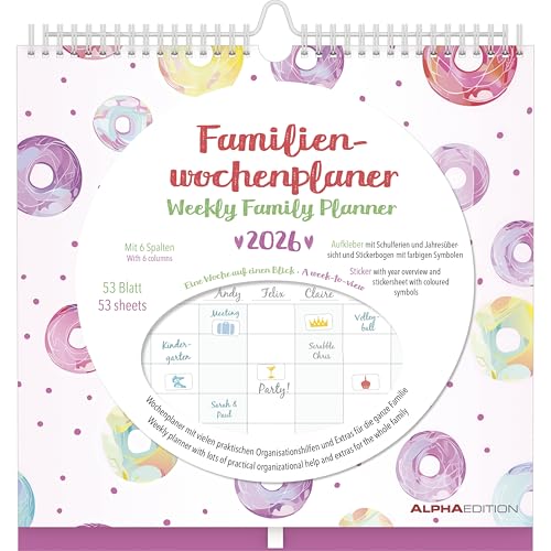Alpha Edition - Familien Wochenkalender Dots 2026 – Familienplaner im Format 30,5x30,5 cm – Wochenkalender mit 6 Spalten – Mit Aufklebern, Stifthalter – Terminplaner – FSC-zertifiziert