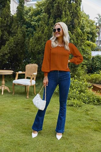 Image of HOTOUCH Sweaters for Women 2026 Fall Trendy Tops Casual Puff Sleeve Square Neck Cute Tunic Pullover Blouses XS-XXL