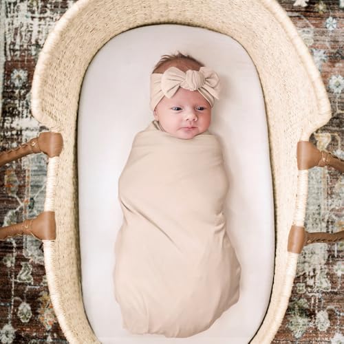 Image of GRSSDER Newborn Blanket, Ultra Soft Jersey Receiving Blanket with Matching Headband and Beanie Set, Stretchy Baby Swaddle 47x47 inch, Extra Large Neutral Swaddle Wrap for Girls and Boys