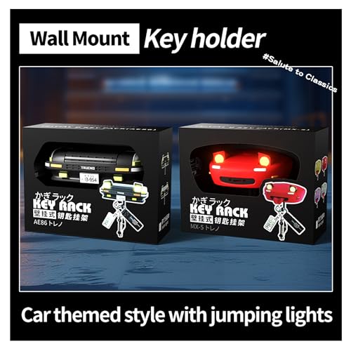 Image of Initial D AE86 & Mazd@ MX5 Miata Retro Car Wall Key Holder - LED Pop-Up Headlight, Auto-Off Light, Car Enthusiast Organizer for Home & Garage (AE86-White【with Lights】)