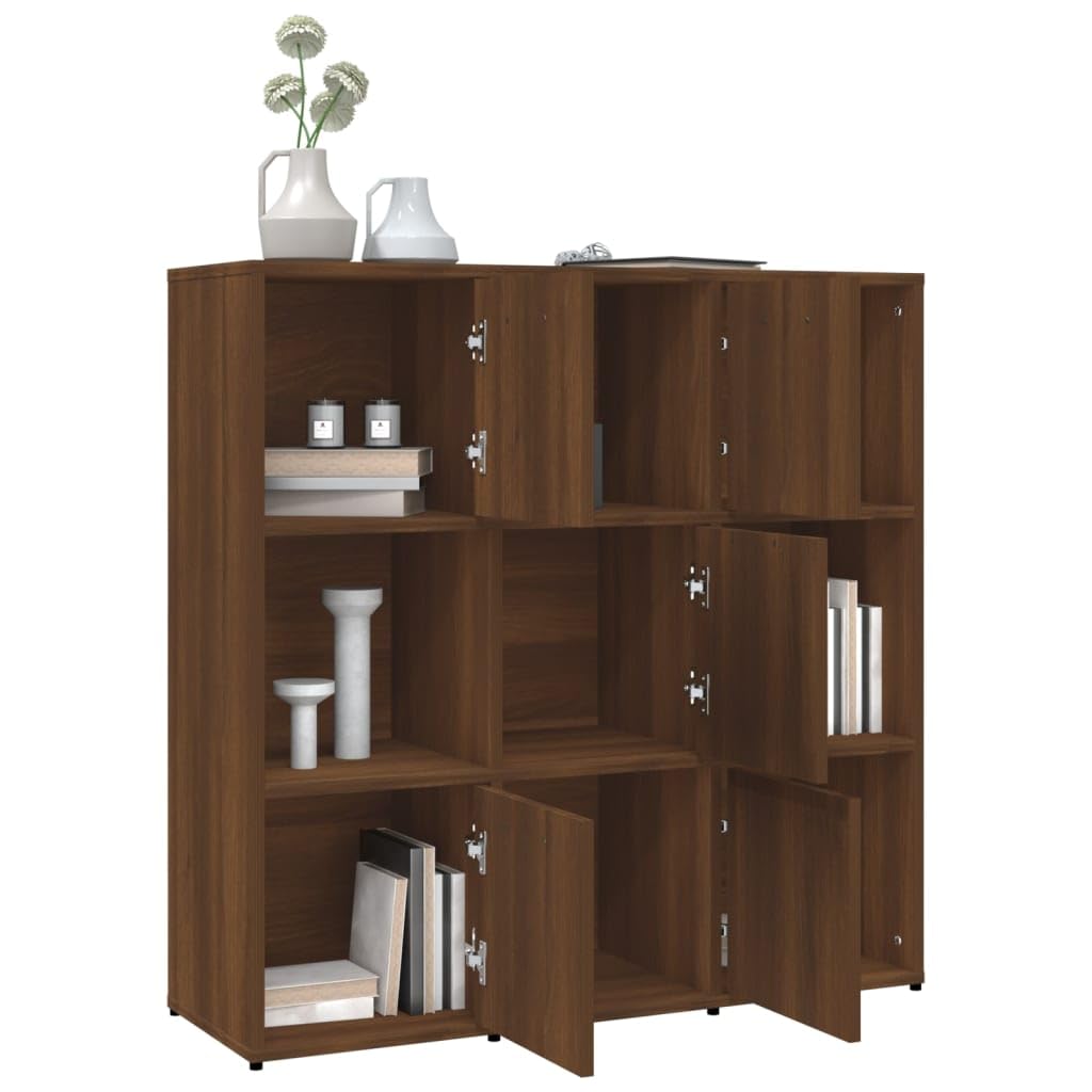 Générique Bibliotheque Chene brązowy 90x30x90 cm Wood Ingenierie | 9 przegródek, 5 drzwi, przechowywanie książek DVD, solidny top, mocowanie ścienne w zestawie