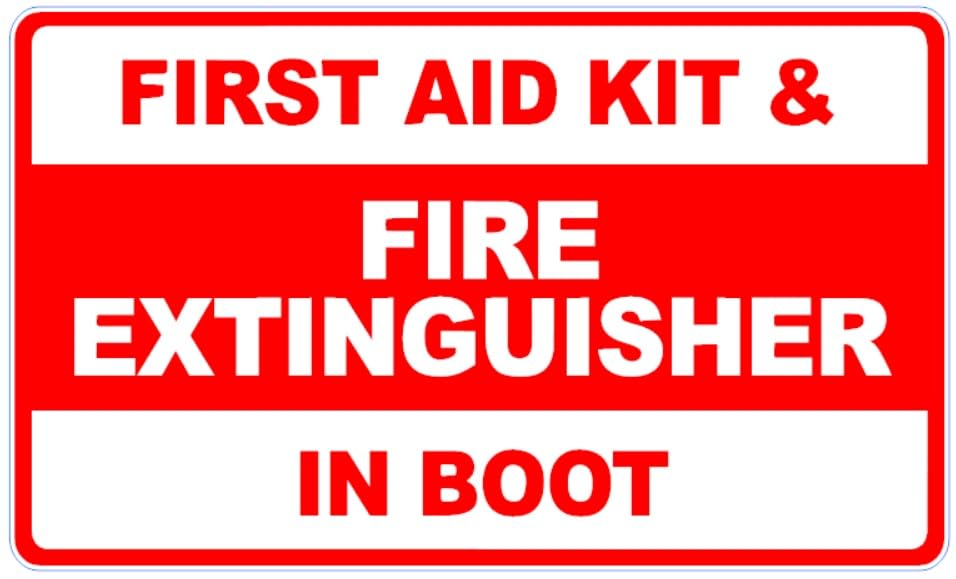 Fire Extinguisher & First Aid Kit In Boot Sticker/Decal Taxi Private Hire Printed On To White Vinyl Simply Peel & Stick