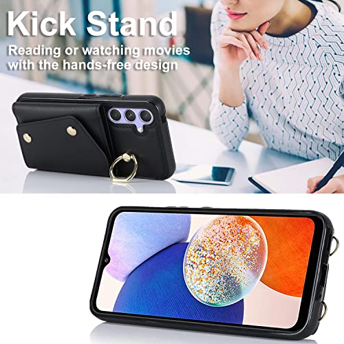 MRRSIWEI for Samsung Galaxy A15 5G Phone Case for Women, Crossbody Wallet Case with Credit Card Holder Lanyard Shockproof Purse Kickstand Case for Samsung Galaxy A15 5G.Crossbody Black