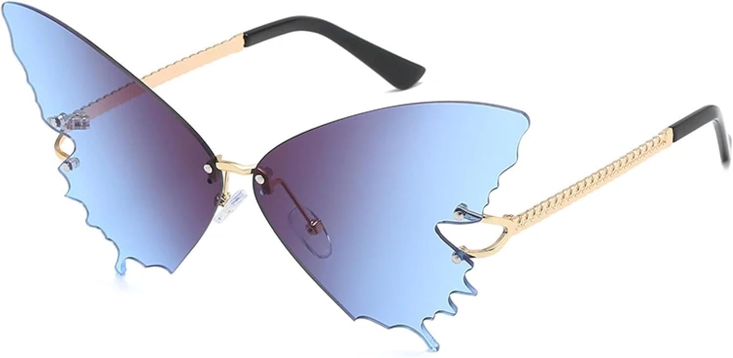 Oversized Butterfly Rimless Sunglasses for Women Steampunk Metal Punk Vintage Gradient Ocean