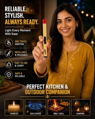 Image of Matchstick Shaped Gas Lighter for Kitchen | Long Handle Gas Lighter for Stove, Candle & BBQ | Windproof Flame Lighter, Refillable Multipurpose Lighter for Outdoor Use & Home