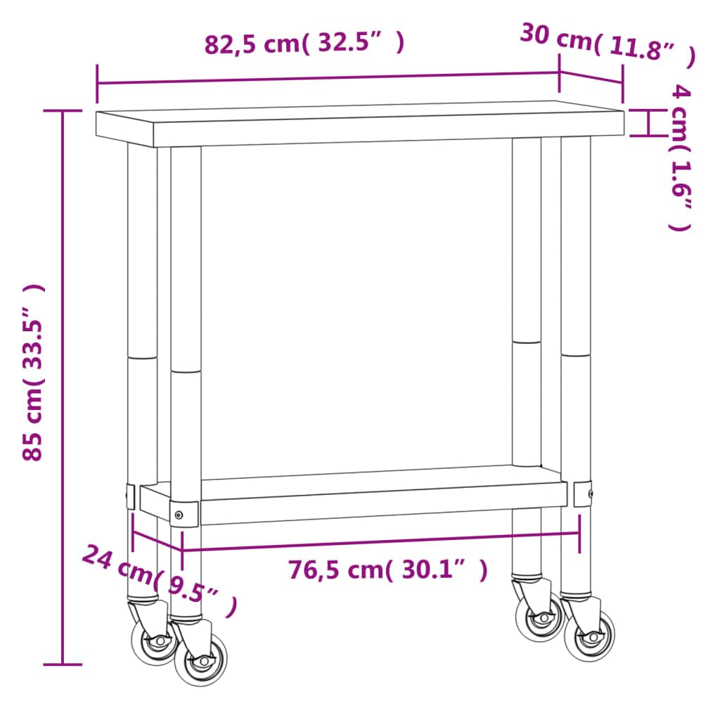 Mesa de trabajo de cocina de acero inoxidable con ruedas, 82,5 x 30 x 85 cm, mesa de restaurante o catering con estante para cocina, bar, bistró, buffet