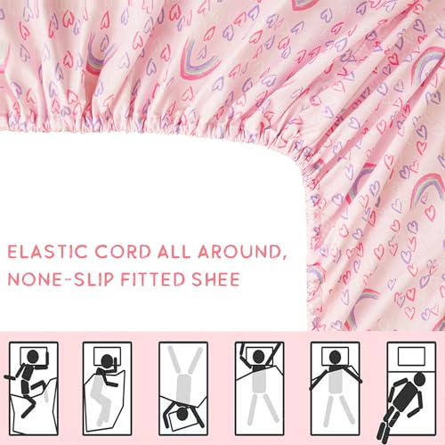 Image of Viviland Toddler Comforter Sets, 4 Pieces Bedding Sets, Rainbow Heart | Microfiber Pink Bed Set, Girls, Breathable & Soft, Comforter, Bed Sheet, Fitted Sheet and Pillowcase, Machine Washable