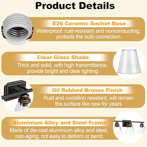 Image of Oil Rubbed Bronze 3-Light Bathroom Vanity Light and Accessories Kit, 5-Piece All-in-One Bathroom Light Set Includes Oil Rubbed Bronze 3-Light Vanity Light,Robe Hook,Tissue Holder,Towel Bar,Towel Ring
