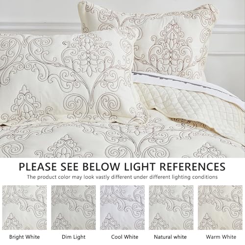 Image of CHIXIN Bedspread Coverlet Quilt Set Full Size - Lightweight Bedding Cover - Beautiful Stitching - 5 Piece Reversible Bedspread - Luxury Damask Paisley Pattern (Full, Ivory)