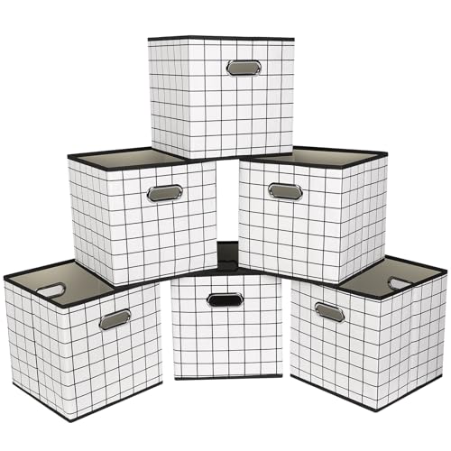 SEVENDOME Fabric Cloth Storage Bins,Fabric Cube Organizer with Dual Handles Foldable Cube Storage Baskets for Home Bedroom Storage,Set of 6,(White grid)