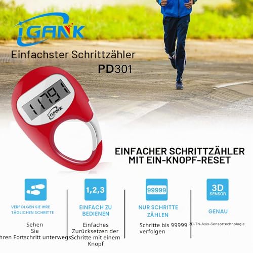 iGANK Simple Walking Pedometer 3D Schrittzähler für Männer Frauen Kinder (rot)
