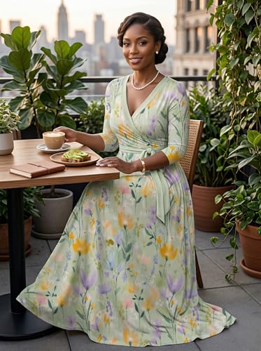 Image of PinkPatty Plus Size Maxi Dress for Women Casual V Neck 3 /4 Sleeve Boho Printed Long Dress with Pockets
