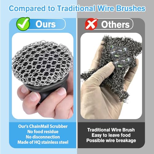 Image of Cast Iron Scrubber (2 x Black Coarse Mesh) and and Scraper, Chain Mail Scrubber for Cleaning Stock Pots, Pans, Griddles, Grills, Cast Iron Skillets, Dish Scouring Pads