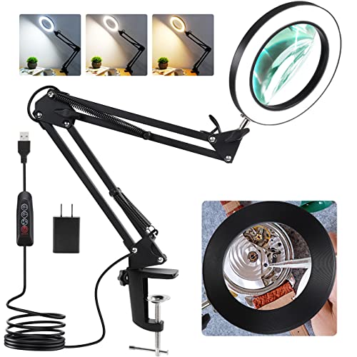 5X Magnifying Glass with Light and Stand, Veemagni 3 Color Modes Stepless Dimmable, Real Glass Lens, Adjustable Swing Arm LED Lighted Magnifier Desk Lamp with Clamp for Reading, Repair, Crafts, Sewing