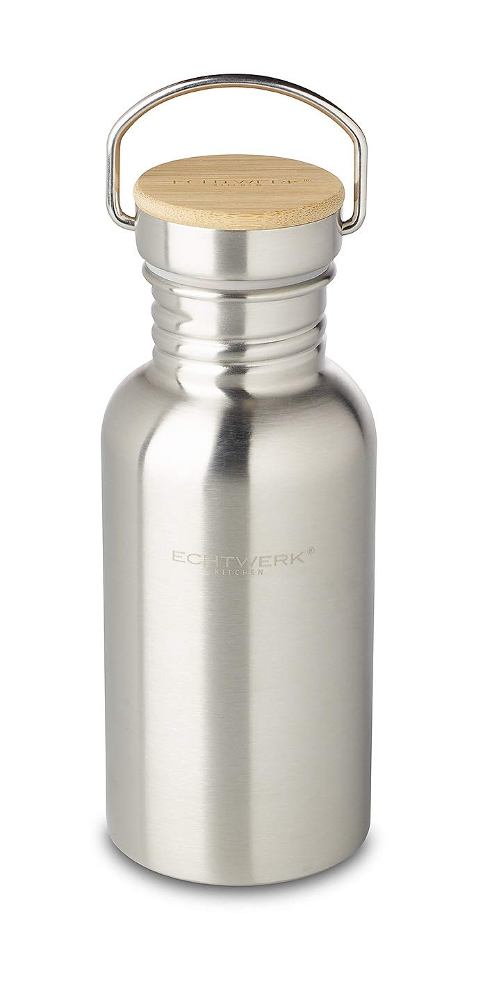 Echtwerk Silber Practical Drinking Bottle Made Of Stainless Steel With Bamboo Lid, 500 Ml