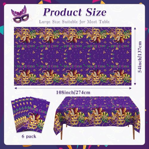 Image of Mardi Gras Tablecloth, 6 PCS Mardi Gras Table Cloth Disposable, Plastic Purple Carnival Mask Decorative Masquerade Tables Cover Rectangular for Mardi Gras Party Decoration Supplies, 54 X 108 Inch