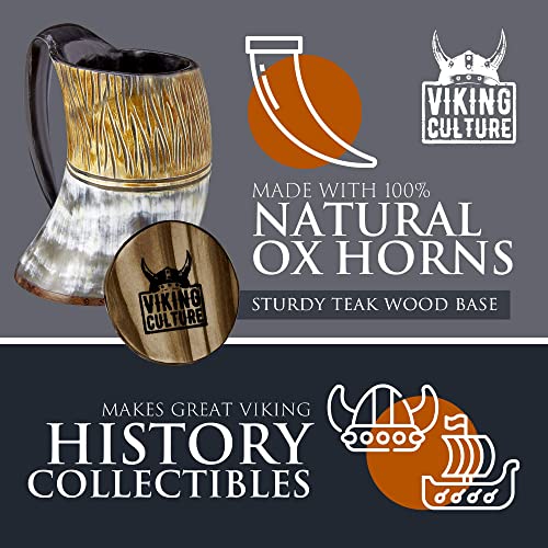 Viking Culture Ox Horn Mug, Shot Glass, and Axe Bottle Opener (3 Pc. Set) Authentic 16-oz. Ale, Mead, and Beer Tankard | Vintage Stein with Handle | Custom Intricate Design - Natural Finish | The Jarl - Thumbnail 6