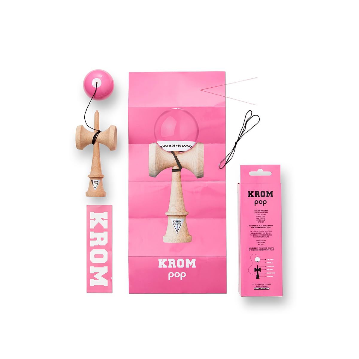 KROM Kendama POP LOL Rosa - Hohe Holzqualität - Für Anfänger und Profis - Pack : Ersatzschnur + Stickers