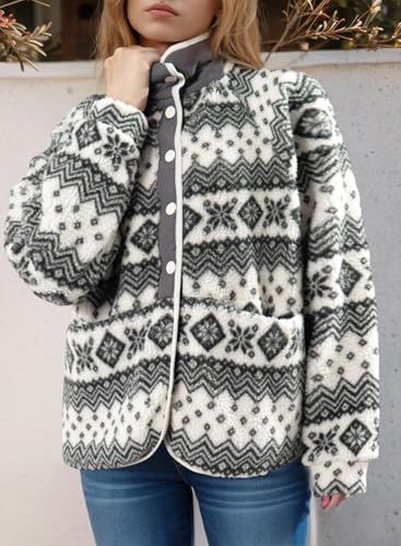 Dokotoo Women Fleece Jacket Casual Long Sleeve Sherpa Button Down Jackets for Women Printed Warm Coats With Pockets3