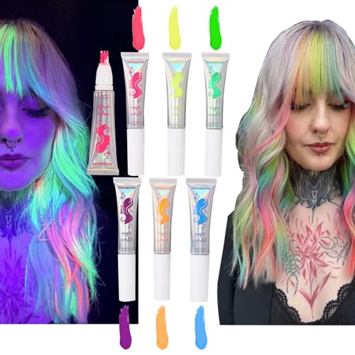 Teinture Capillaire Temporaire, Ensemble de Gel Capillaire UV Néon, Peinture Phosphorescente pour les Cheveux et le Corps, 6 Couleurs Vives Non Toxiques pour...