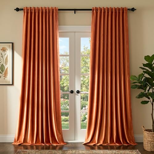 Image of Luxury Orange Velvet Curtains 96 inch Length for Living Room,Elegant 2 Panels Room Darkening Rod Pocket Back Tab Curtain Thermal Insulated Heavy Soundproof Noice Reducing Window Drapes for Bedroom
