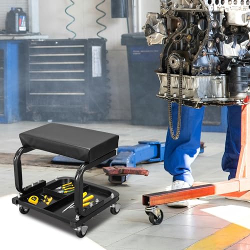 Image of Torin ATR6300B Rolling Creeper Garage /Shop Seat: Padded Mechanic Stool with Tool Tray Storage, Black Large
