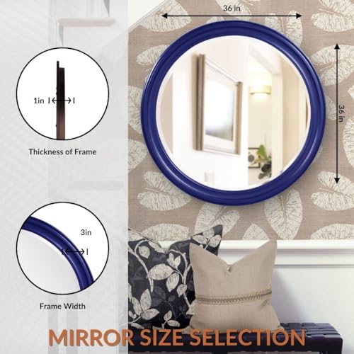 Image of Howard Elliott Collection George Round Glossy Navy Wall Mirror, Bevelled Vintage Hanging Wood Framed Vanity Mirrors for Home Decor, Living Room, Bathroom, Bedroom, or Hallway, 36 Inch Round