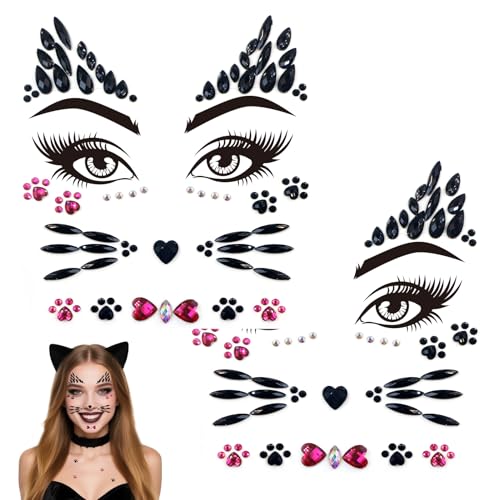 Voiiake Crystal Cat Face Gems Stickers 2-Sheet Cat Print Gem Jewels Black Cat Costume Women Accessories for Halloween Makeup