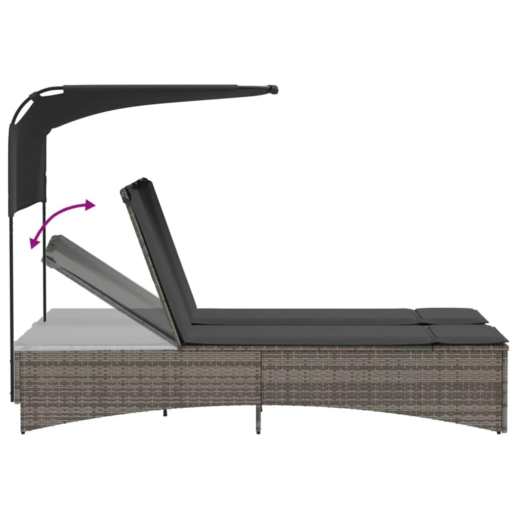 Doppel-Sonnenliege klappbar mit verstellbarem Dach 136 x 202 x 140 cm Poly-Rattan Akazienholz Gartenliege grau wetterfest für Balkon Terrasse Garten