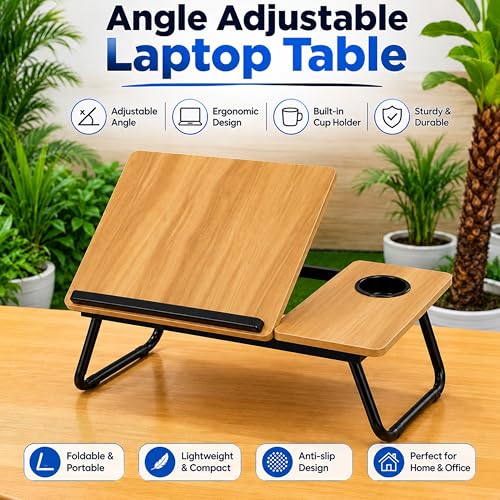 Image of Ant Esports Bravo LT200 Adjustable Foldable Laptop Table for Bed with Side Tray, Cup Holder & Stopper, Portable Work from Home Desk, Wooden Study Desk for Reading & Gaming, 56 x 32.5 x 23 cm, Walnut