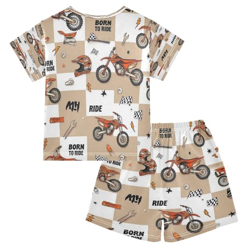 Pajama Sets Short Sleeve Motorcycle Theme Pattern Design Soft Cotton Summer Sleepwear 2 Piece PJS Size 5-14T2