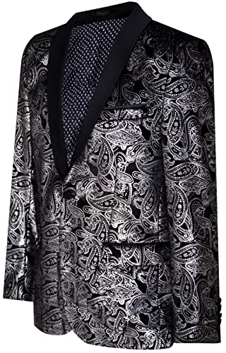 Mens Classic Silver Paisley Black Velvet Tuxedo Dinner Jacket Tailored Blazer2