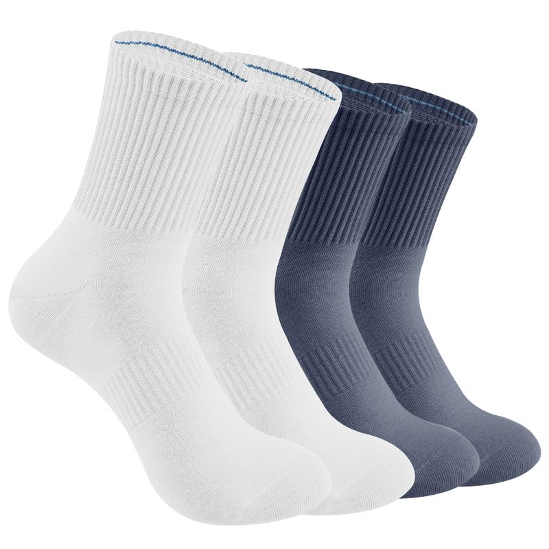 2 Pairs Cotton Men's Crew Socks,Athletic Cushioned Sport Running Calf Socks,Seamless Toe Design,Durable, Soft, Breathable, High Stretch,Size 7-11 white and blue