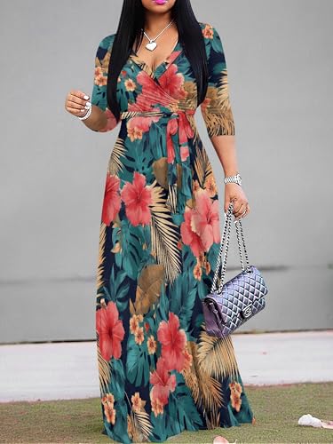 Image of Plus Size Maxi Dress for Women V Neck 3 /4 Sleeve Wrap Dress