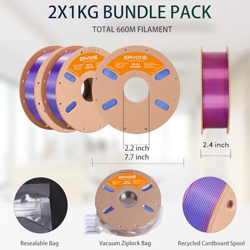 Image of ERYONE Silk Dual Color PLA Filament 3D Printer 1.75mm + /- 0.03mm, Bicolor Filament Two Tone PLA Bundle 2KG Cardboard Spool, Blue Red